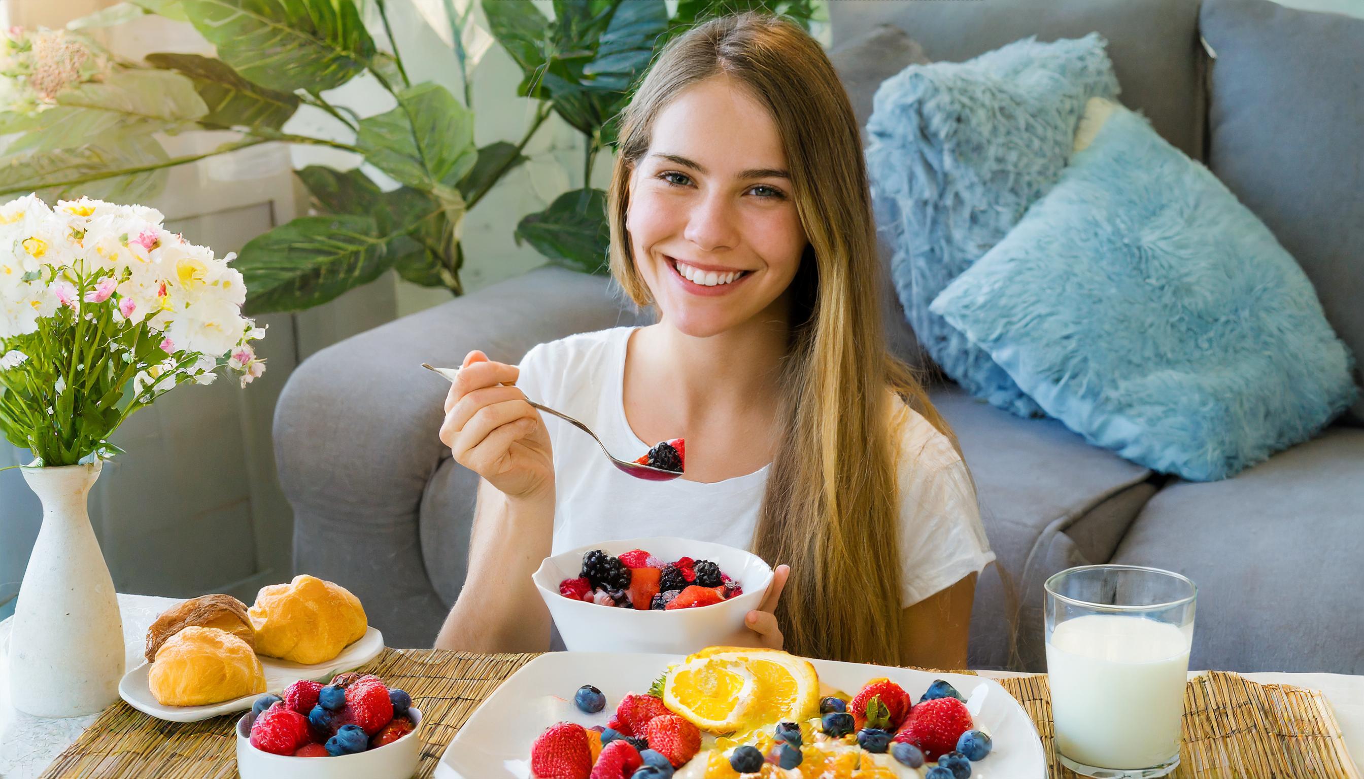 フルーツを食べる女性の画像